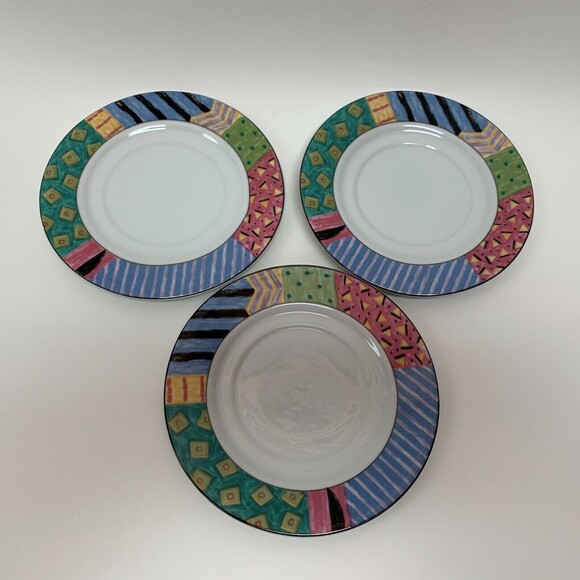 Farberware by Retroneu AKU 202 Saucer Plates White Multi-color Geometric Border - Picture 1 of 6